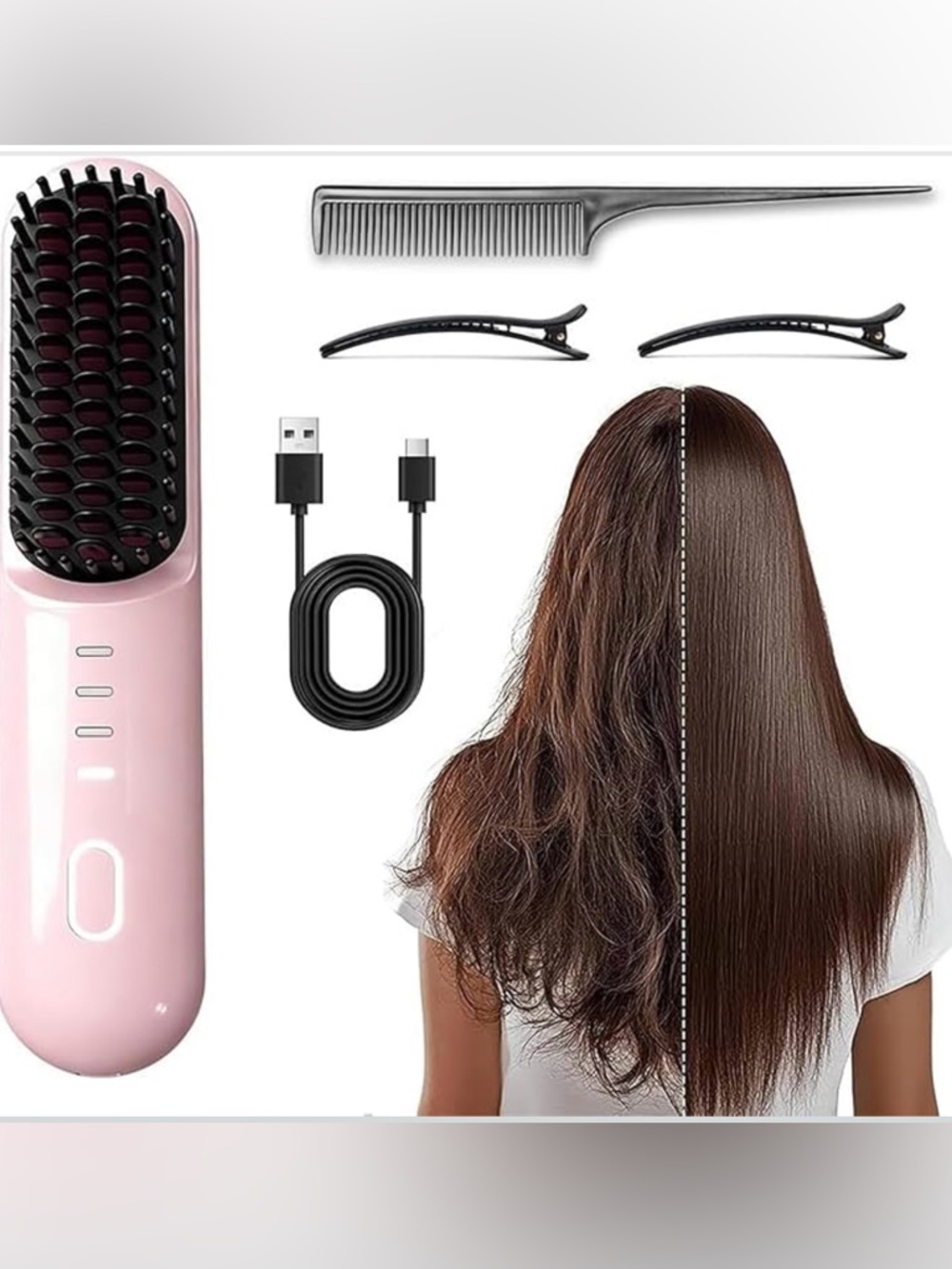 Pink Hair Straightening Brush with USB Charger - Sleek Straight Hair Finish